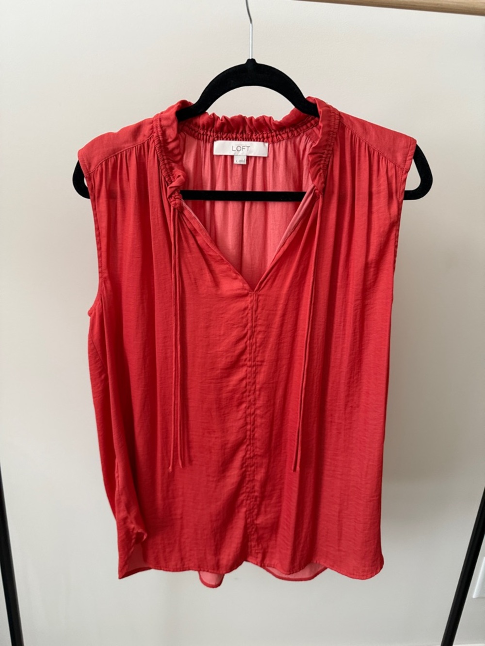 LOFT Coral Red Sleeveless Ruffle-Trim V-Neck Blouse